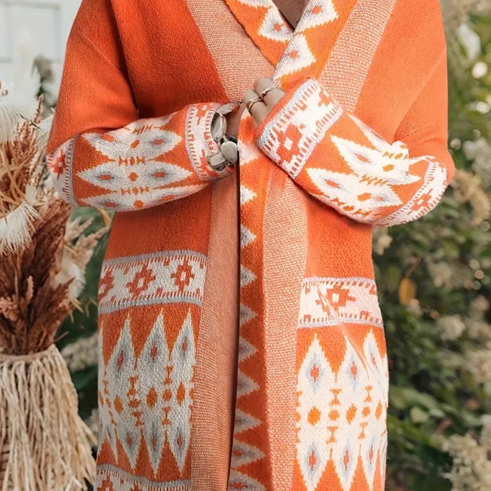 Western Aztec leaders Orange and White Patterned Cardigan